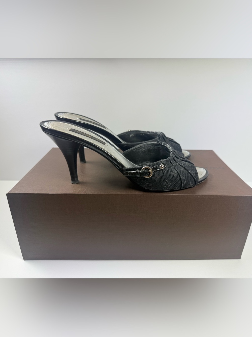 Louis Vuitton Black Monogram Peep-Toe Heeled Mules